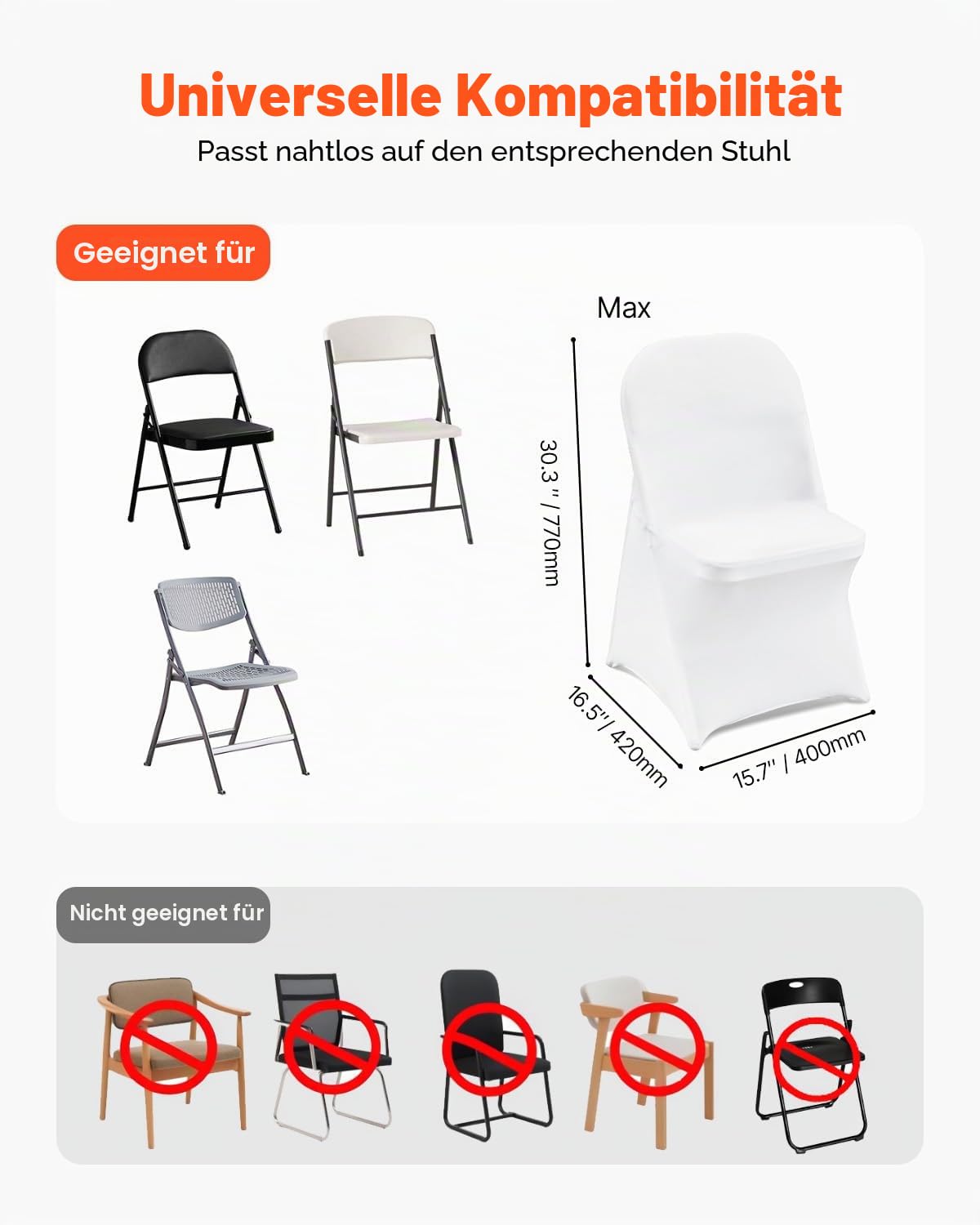 VEVOR 30 STK. Stuhlhussen Weiß, Universell Stuhlbezüge, Stuhlhussen Elastisch, Elastan Stuhl Abdeckung Max. 406 x 508 x 762 mm für Hochzeiten, Feiern, Partys, Hotels, Stuhlschutz Stuhlüberzug Spandex