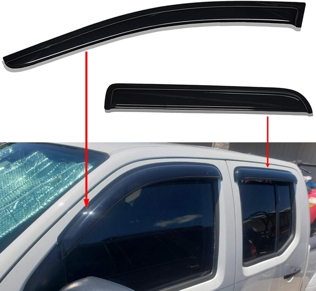 Lightronic Extra Durable Outside-Mount Auto Vent Window Visor, Fits 2005-2020 Nissan Frontier, Crew Cab, UV Protection Rain Guard, Original Wind Deflector, No-Drill Easy Install, Dark Smoke, 4-Pcs