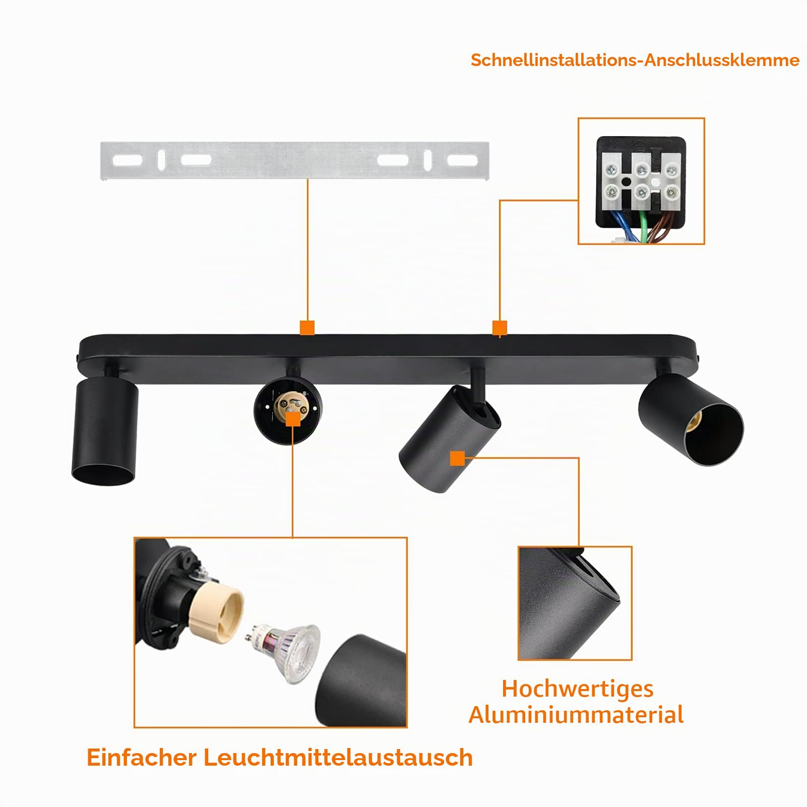 KYOTECH Deckenstrahler 4 Flammig Schwarz Deckenlampe Strahler Schwenkbar 350° LED Deckenleuchte GU10 Spots Deckenleuchten für Küche Wohnzimmer Schlafzimmer, Ohne Leuchtmittel