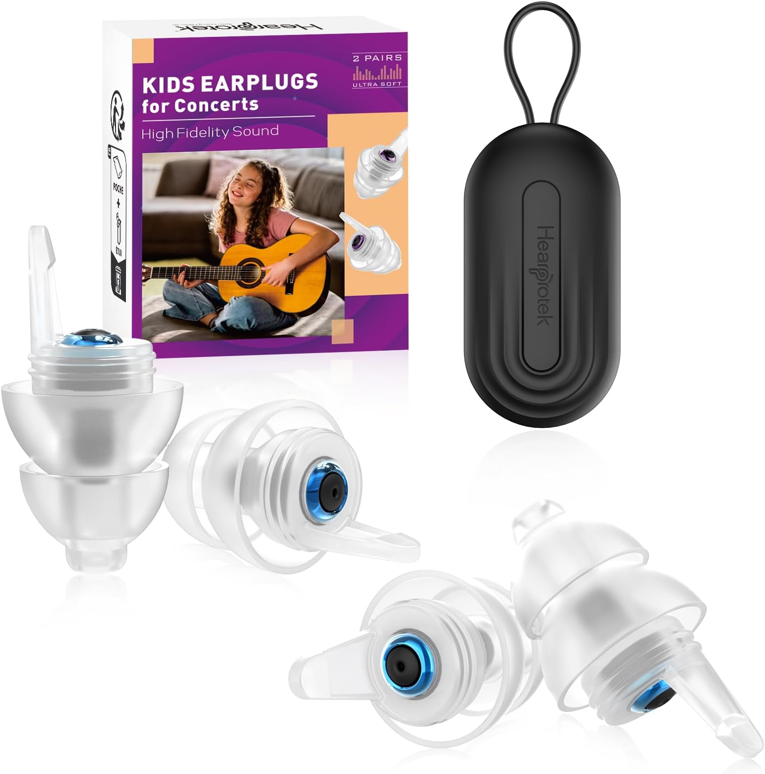 Kids Earplugs (6-12 yrs) - 2 Pairs High Fidelity Concert Ear Plugs for Children, Adults with Small Ear Canals, 23dB Kids Noise Reduction Earplugs for Concerts, Rehearsal, Festival, Party (Blue)