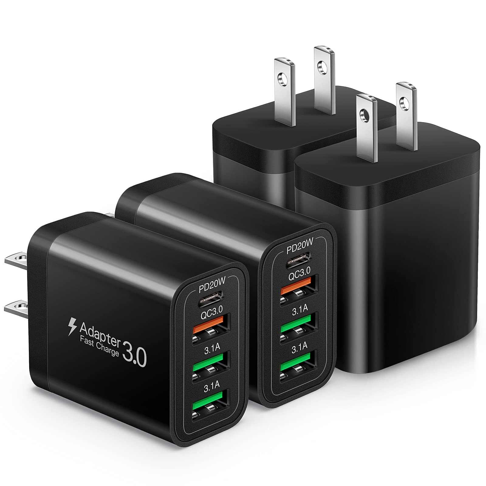 [Lot de 4] Chargeur mural USB-C, 35 W 4 ports Quick 3.0 + PD 3.0, bloc de charge rapide USB compatible avec iPhone 14/14 Pro/14 Pro Max/14 Plus/13/12/11, XS/XR/X, Samsung Series, tablette