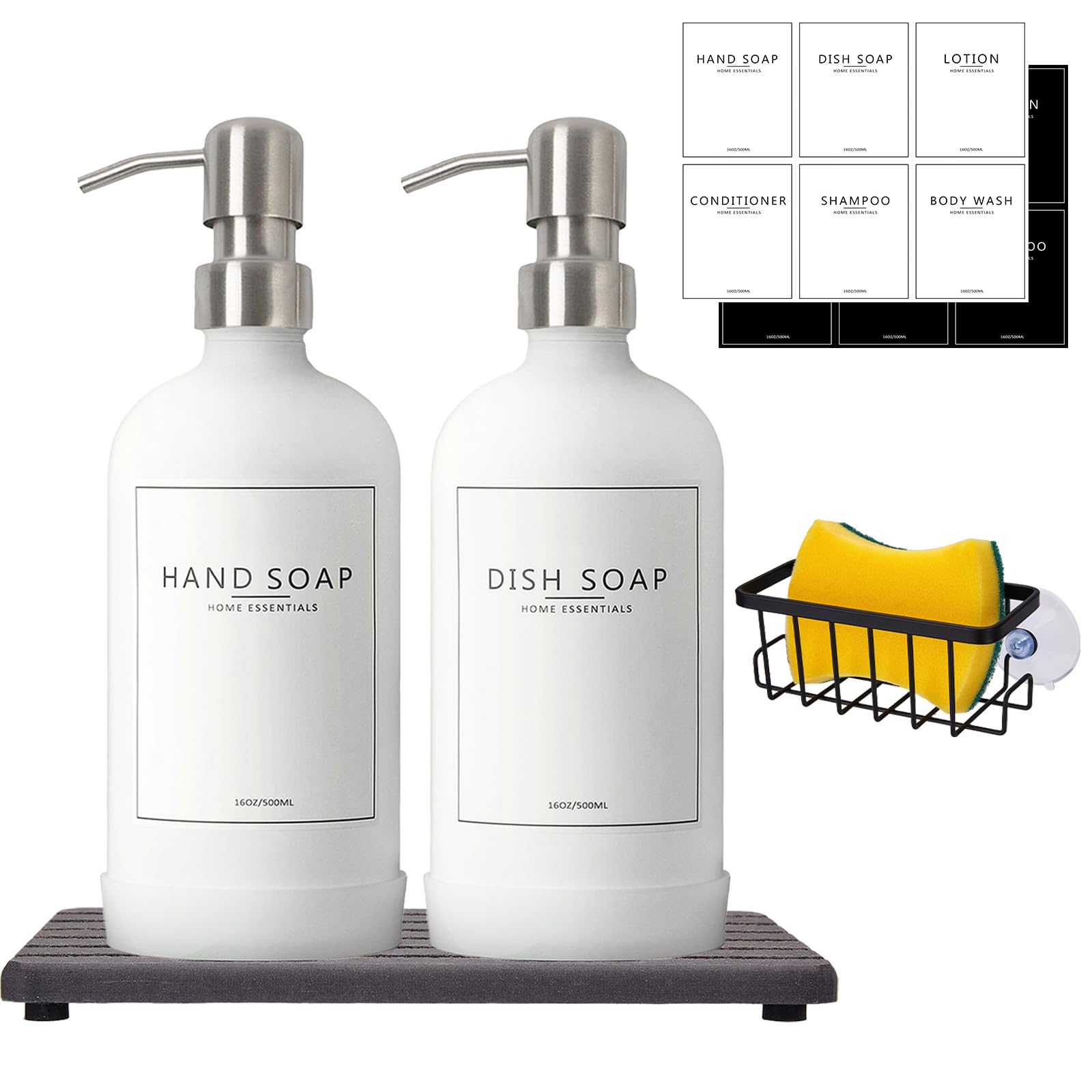 NEECZS Kitchen Soap Dispenser Set with Instant Dry Tray & Sponge Holder,16 Oz Hand and Dish Soap White Glass Dispenser Set,Stainless Steel Pump,Waterproof Labels,Luxury Soap Bottle for Bathroom