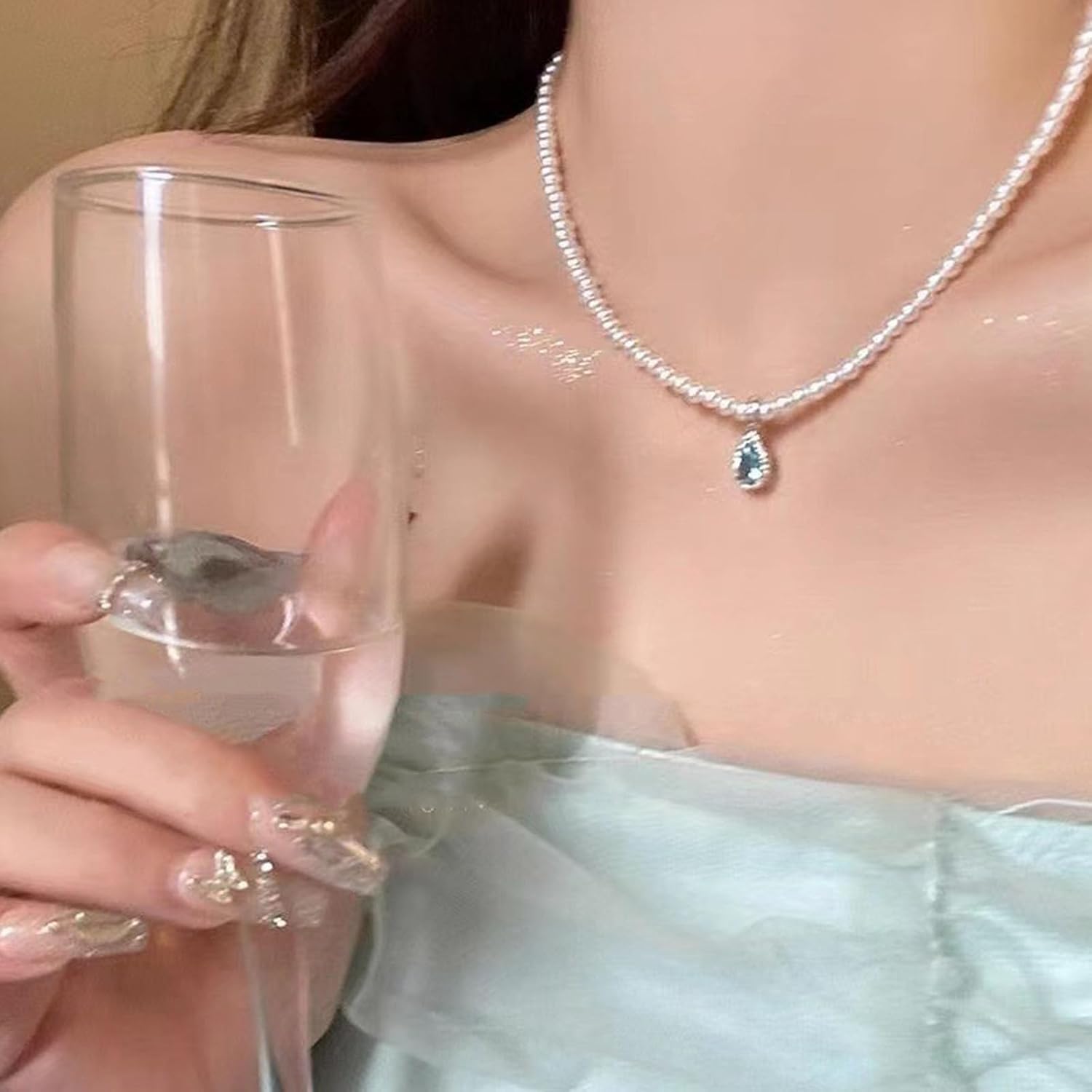 Boho Teardrop Pendant Necklace Round Pearl Necklace Choker Teardrop Necklace Chain Blue Crystal Necklace Vintage Pearl Beaded Necklace Jewelry for Women and Girls Gifts - Image 6