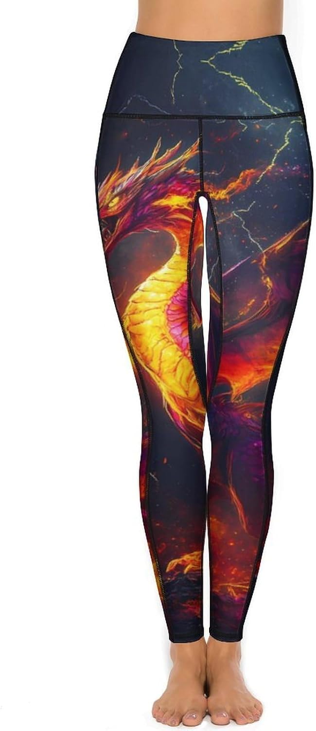 Dragon Vintage Print Womens Yoga Pants High Waist Tummy Control Workout Leggings