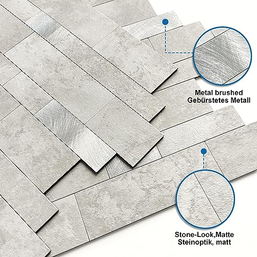 M MOFIT 3d Selbstklebende Wandfliesen Küche,Matte Marmor Mosaikfliesen Selbstklebend Steinoptik Metro Fliesen Ziegel Wandaufkleber Bad Wasserdichte(5 Matten,Zementgrau）