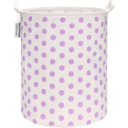 Sea Team 19.7 Inches Large Sized Waterproof Coating Ramie Cotton Fabric Folding Laundry Hamper Bucket Cylindric Burlap Canvas Storage Basket with Stylish Polka Dot Design (19.7", Purple)