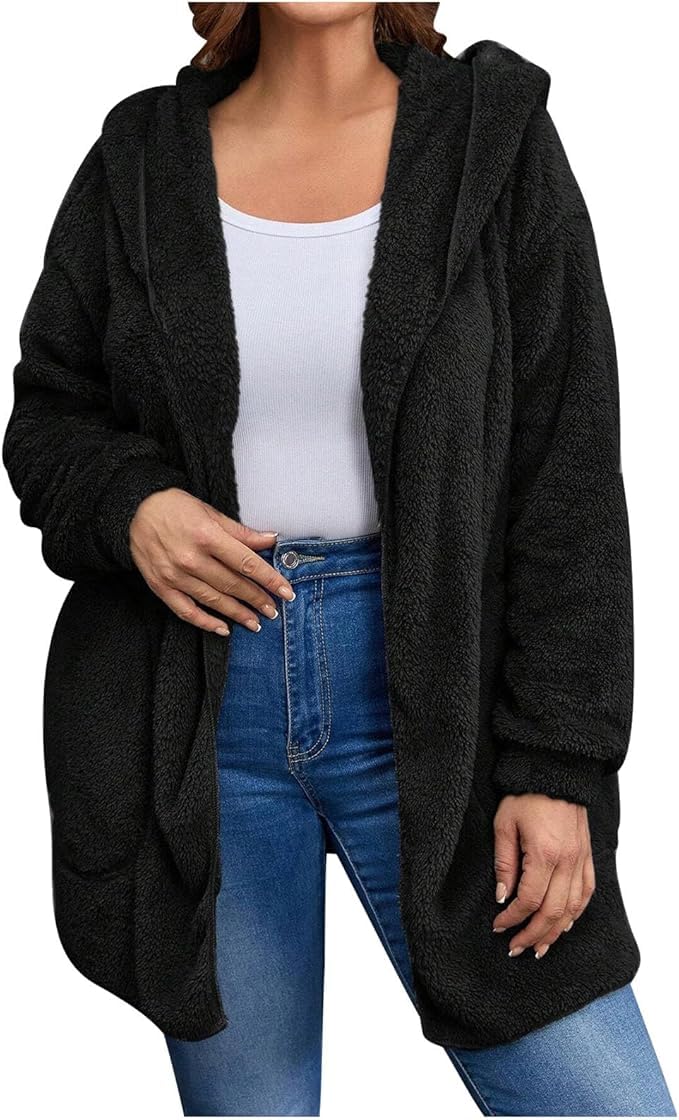 Women's Sherpa Fuzzy Jacket Hoodie Open Front Fleece Hooded Jackets Cardigan Warm Outerwear Fall Coat with Pockets