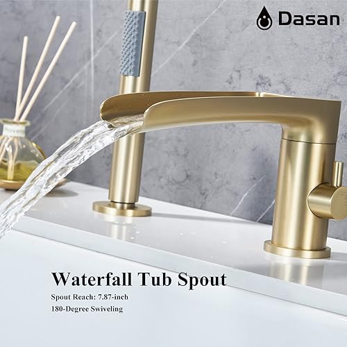 Miniatura 5 de DASAN DA-TF09WH-BG - Juego de grifo de bañera romano con rociador de ducha de mano, montaje en cubierta, 3 agujeros, cascada de oro cepillado con