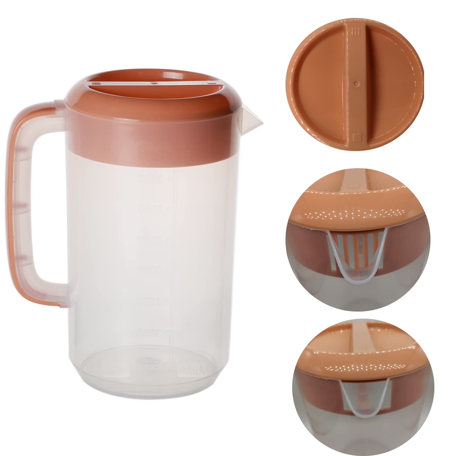Jarra coladora de plástico de 1 galón/4L con tapa, jarra grande de agua transparente para mezclar jugos con tapa de coladores, asas, medidas para té helado, bebidas frías y calientes, mezcla de café 4