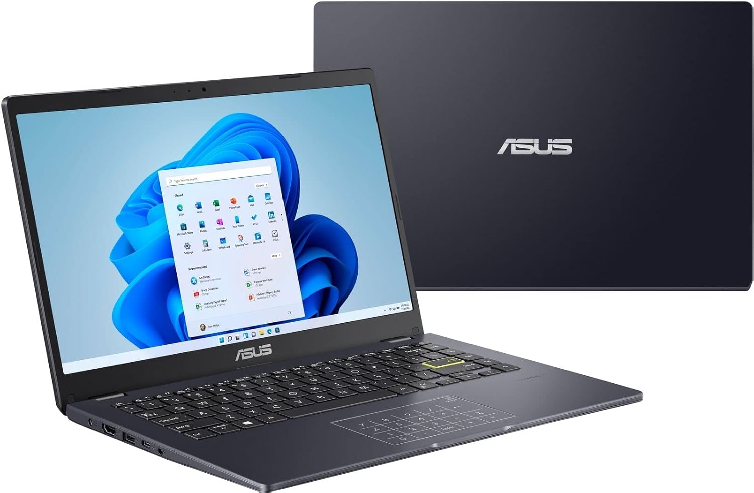 Notebook ASUS E410MA v otevřené poloze se zavřeným notebookem v pozadí