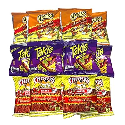 Hot Chips Variety Pack - Takis Fuego, Flamin Hot Cheetos, and Chesters Hot Fries Pack of 12 with a Mystery Item, Perfect Snack with a Surprise