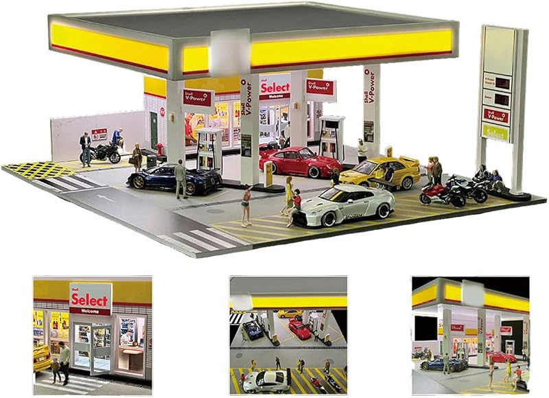 Kit de diorama de gasolinera Shell a escala 1/64, conjunto de modelos de escena de construcción en miniatura, decoración de escritorio coleccionable para el hogar y la oficina (sin vehículos ni figuras)