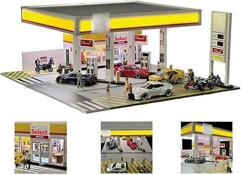 1/64 Scale Shell Gas Station Diorama - LED Lighted Building Model with Miniature Accessories, Compatible with All 164 Scale Model Cars Collectible Display Scene Vehicles & Figures Not Included