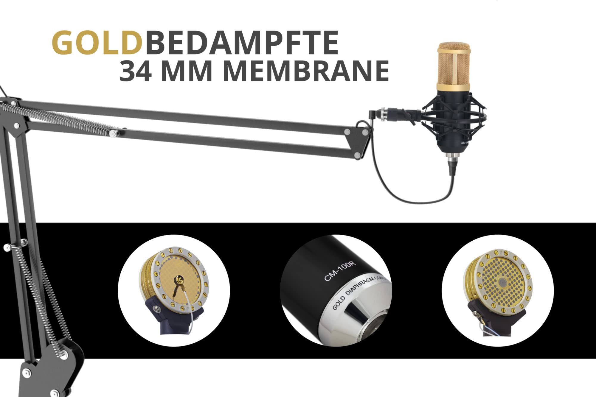 Pronomic CM-100BG Micrófono de Cardioide Condensador - Microfono Diafragma Grande 34 mm con Soporte de Choque y Filtro Anti-Pop - para Streaming, Grabación, Estudio, Sonido Profesional - Negro/Oro