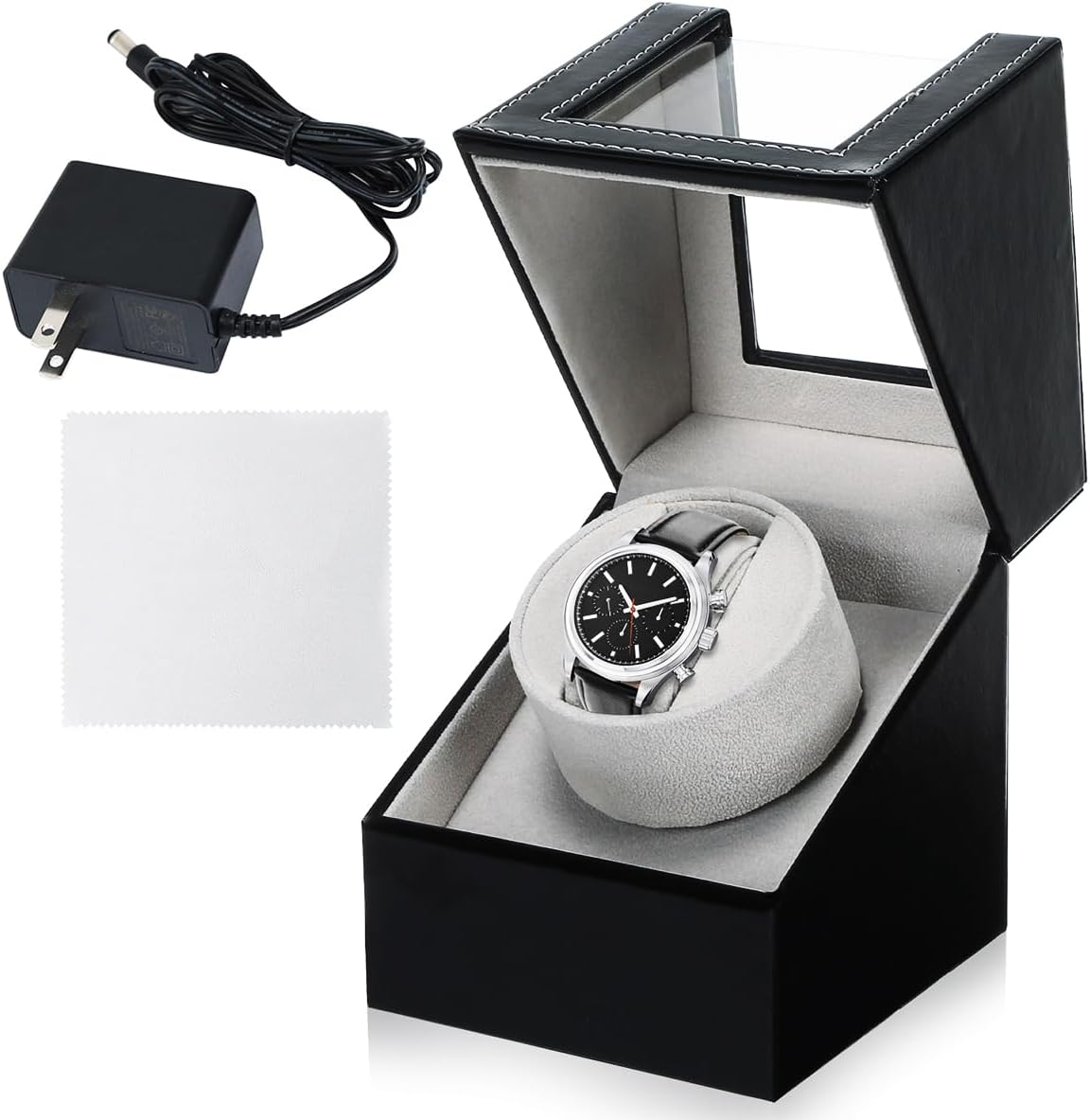 MAOPINER Single Automatic Watch Winder Box, Black Leather Watch Winding Box for Men and Women, Battery Powered Watch Shaker and Display Case for Automatic Watches