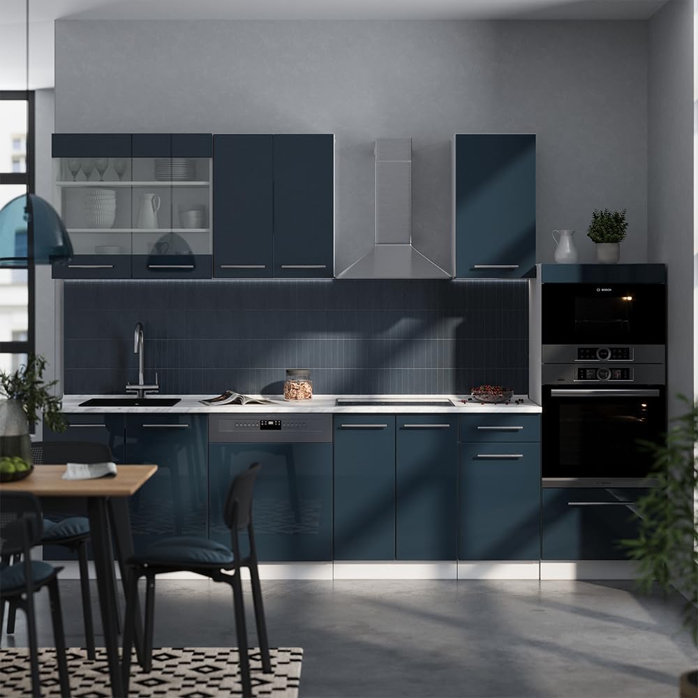 Vicco Mueble de Cocina Fame-Line, Azul Oscuro Alto Brillo/Blanco, 300 cm con Armario Alto, sin encimera, para ampliación Individual con módulos complementarios