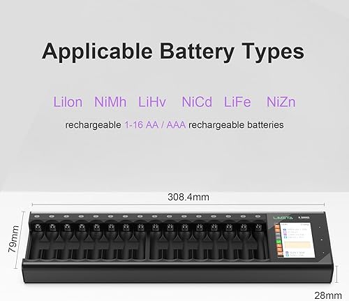 Miniatura 5 de Cargador de batería AA AAA de 16 bahías, cargador de alta velocidad con función de descarga y pantalla LCD, para baterías recargables de iones de