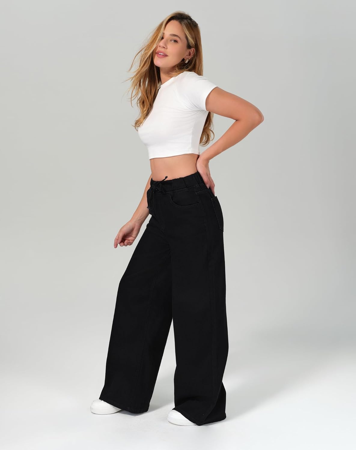 roswear Women's Wide Leg Jeans Non-Stretch Sweatpants-Like Lounge with Elastic Waist - Image 3