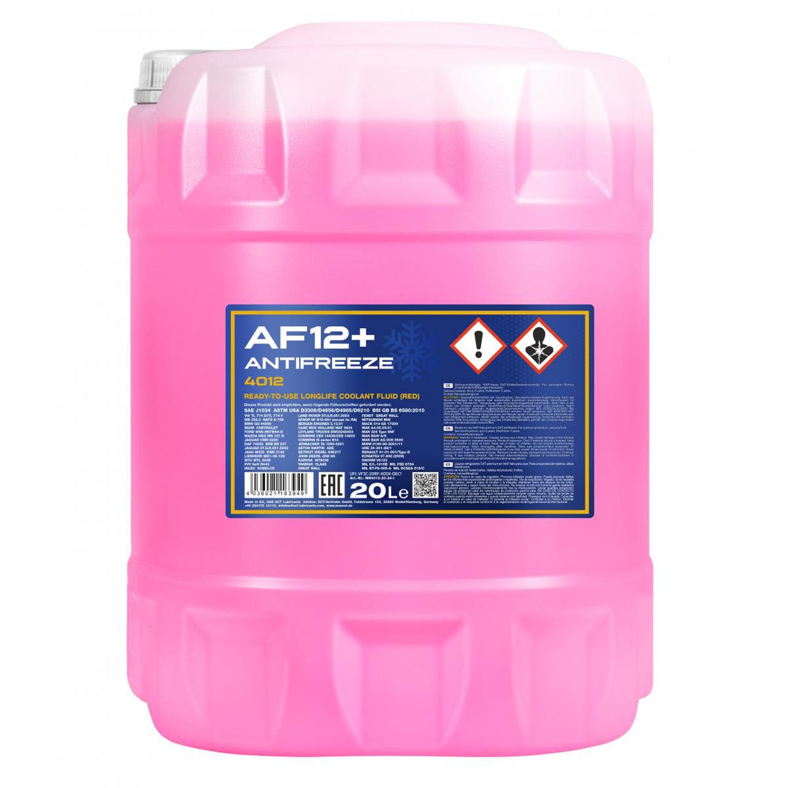 MANNOL 20L Frostschutz Kühlerfrostschutz Kühlmittel Fertiggemisch rot AF12+ bis - 40°C + Auslaufhahn