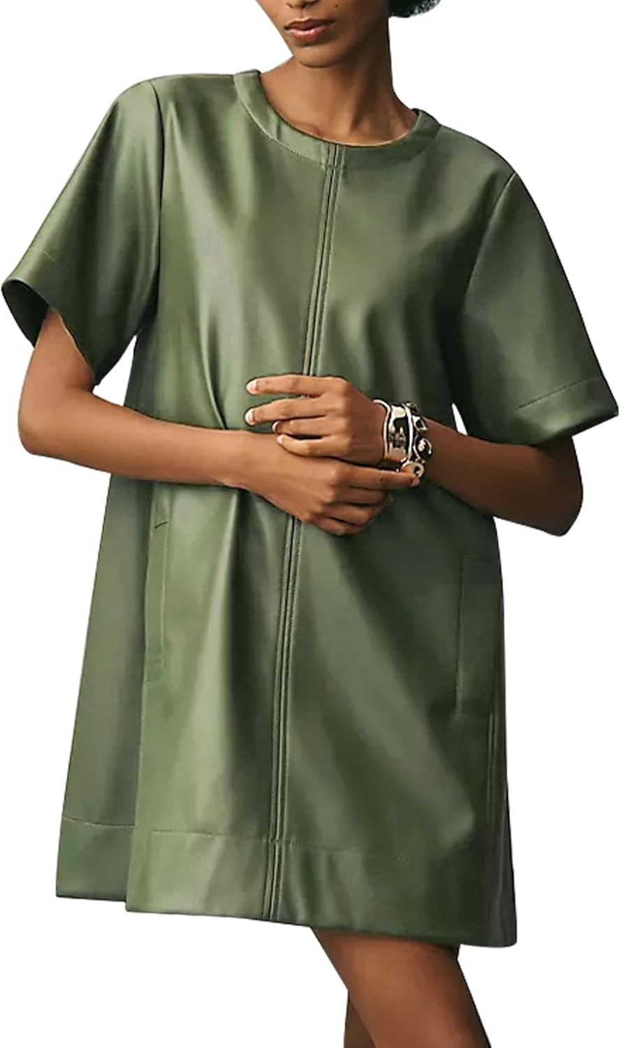 Women Faux Leather Mini Dress Short Sleeve Crew Neck A Line Flowy Swing PU Party Dress with Pockets