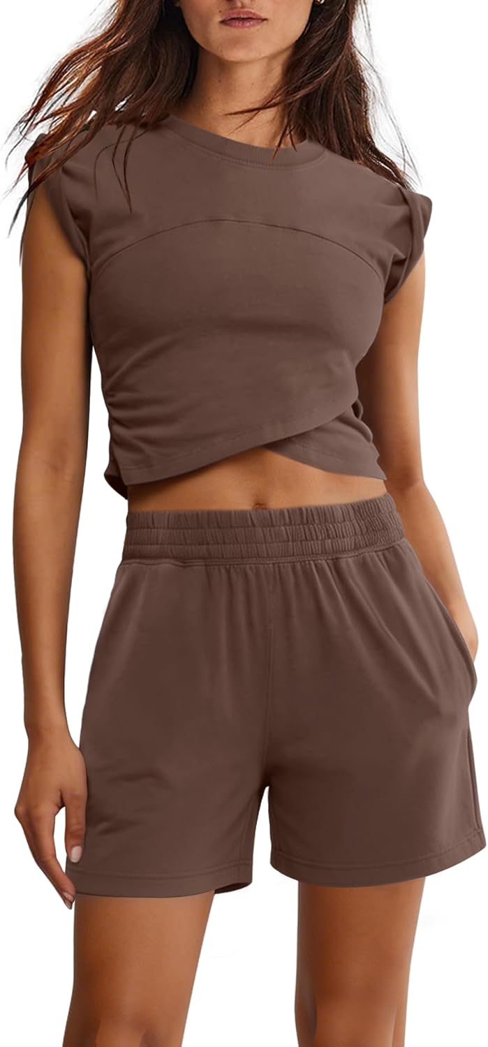 LAMISSCHE Womens Lounge Set 2 Piece Outfits Short Sleeve Tops And Shorts Sets Airport Travel Outfit Summer Matching Sets