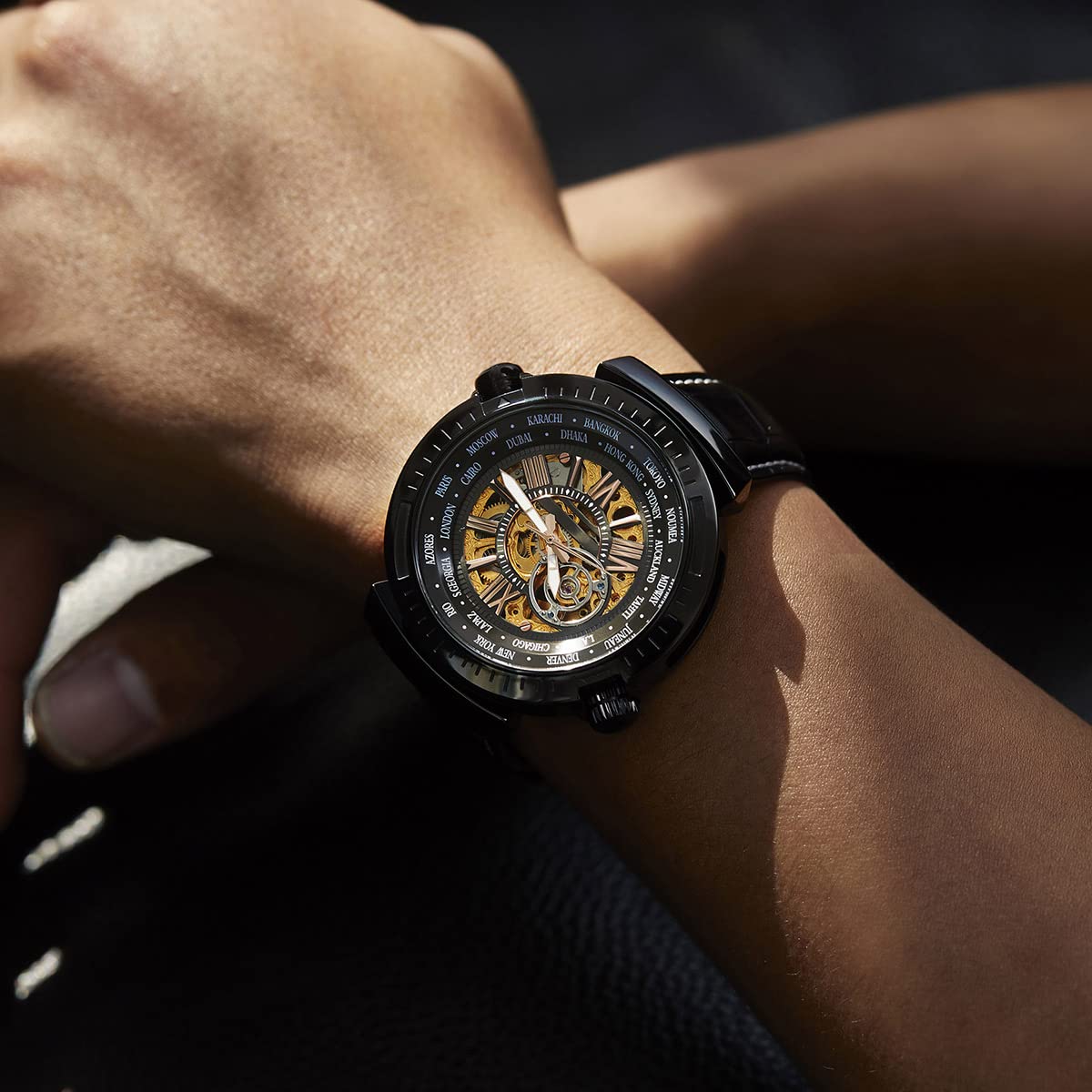 TIME100 Men's Automatic Mechanical Watch Multi-Function Skeleton Dial Stainless Steel Leather Strap Waterproof