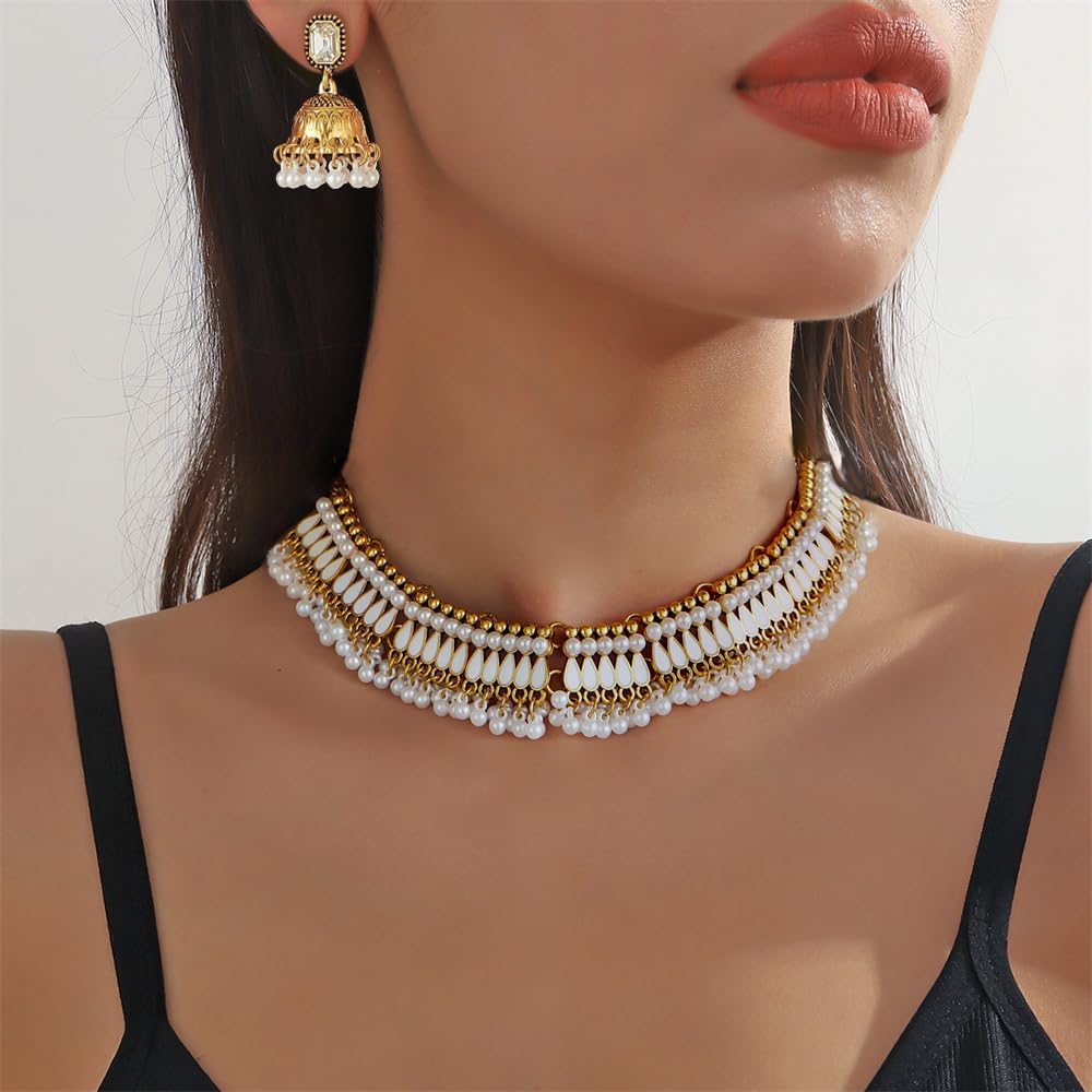 Bohemian Jhumka Earring Necklace Set for Women Bride Wedding Bollywood Crystal Pearl Beaded Antique Gold-Tone Indian Bell Jhumki Dangle Earrings Choker Necklace Ethnic Festive Party Wear Jewelry - Image 2