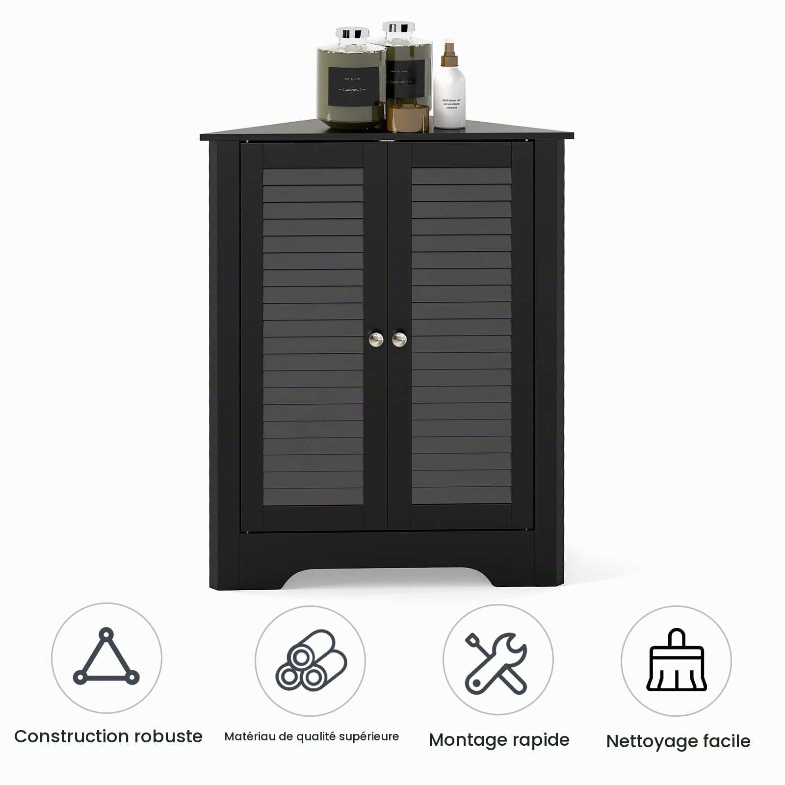 LIFEZEAL Meuble d'angle de Salle de Bain avec Porte, Armoire de Toilette Triangulaire avec Étagère Réglable, Meuble d'angle WC en Bois, 31,5 x 63 x 81 cm (Noir)