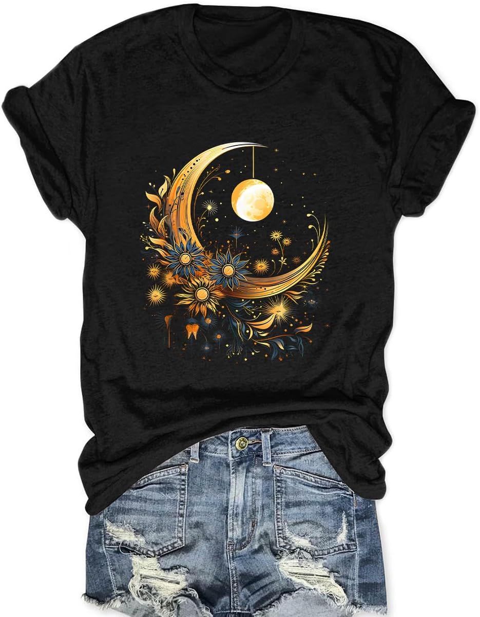 Women Mystical Sun and Moon Shirts Vintage Wildflower T Shirt Hipped Graphic Tees Short Sleeve Vacation Tops