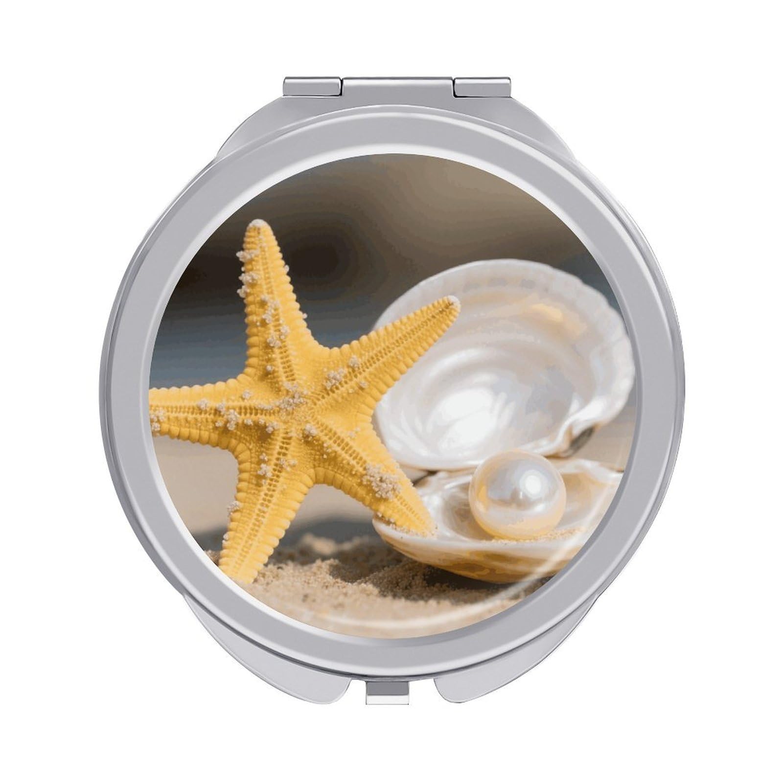 FodPand Compact Hand Mirror with 1x/2x Magnifying Round Travel Makeup Mirror Mini Foldable Sea Starfish Cosmetic Mirrors Travel Essentials Gift for Women Girl Portable for Pocket Purse -Silver