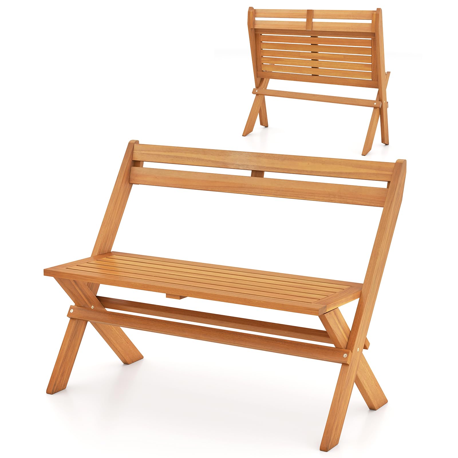 KOMFOTTEU Banco Plegable para 2 Personas, Madera de Acacia, Carga 360 kg | Asiento Exterior para Jardín, Porche, Balcón, Parque, 56 x 105 x 80 cm