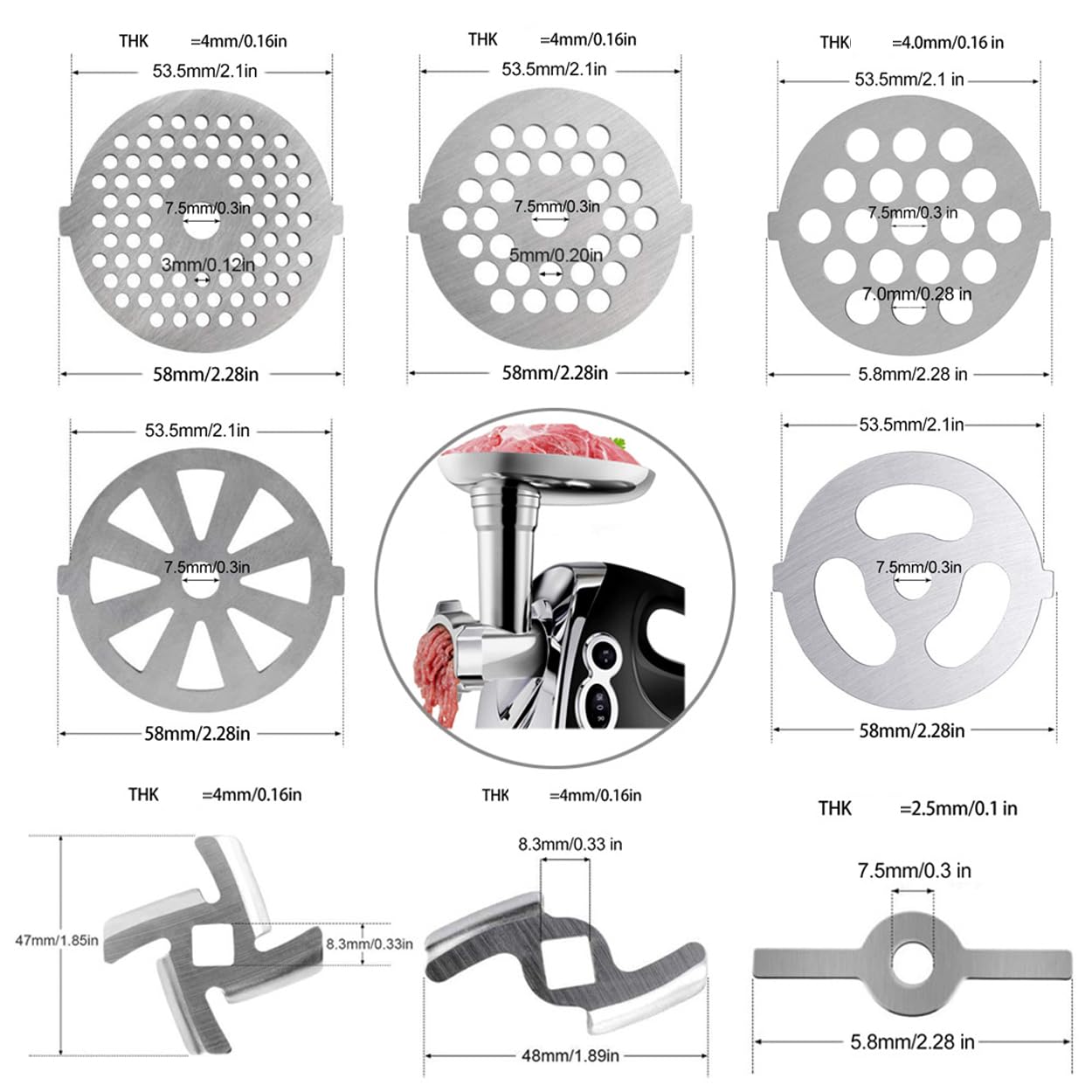 TYH Picadora de Carne Eléctrica, Picadora de Carne Eléctrica Compacta para Uso Doméstico, con 3 Platos, Cuchilla, Embutidora de Salchichas, Máquina Picadora con Boquilla para Salchichas y Accesorio
