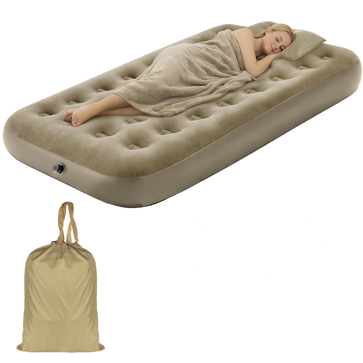 Single Air Bed with Electric Pump, 190 x 100 x 20 cm Inflatable Flocked Air Mattress for Adult, Portable Blow Up Bed with Pillow, Carry Bag, Eye Mask and Earplugs for Camping Guest Room Sleepovers