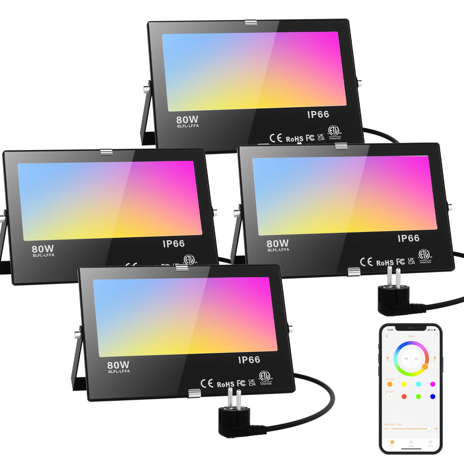 Proiettore LED per esterni, colore 80 W, illuminazione di sicurezza 5700 K, luce bianca fredda, luce LED RGB controllo tramite APP Bluetooth, impermeabile IP66 per esterni, per giardino, garage