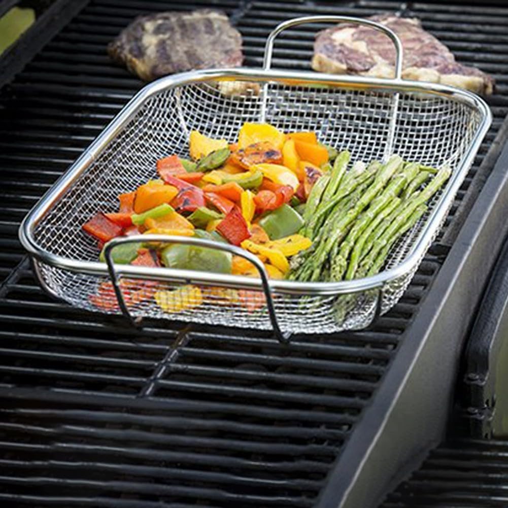 Cestino multifunzionale quadrato in acciaio inossidabile con manico, ideale per cucina e barbecue, contiene frutta e verdura, 42 5 x 28 x 10 5 cm (spazzola per la pulizia)