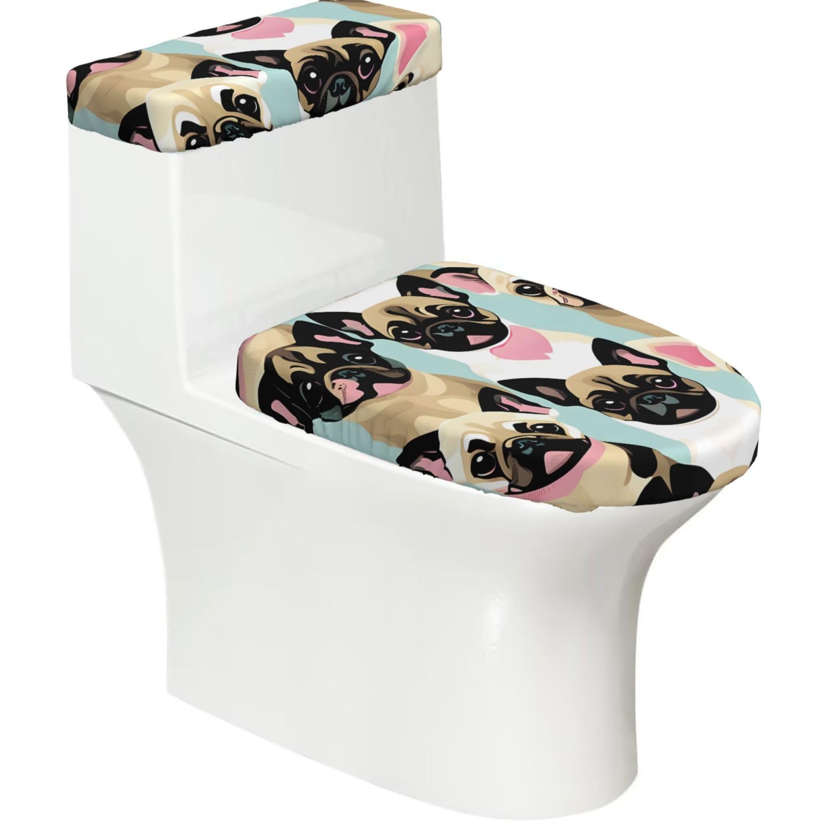 Edwal Black Cute Chihuahua Pug Print 2 Pcs Elastic Toilet Seat Covers Set Washable Toilet Lid Cover Toilet Tank Cover For Bathroom