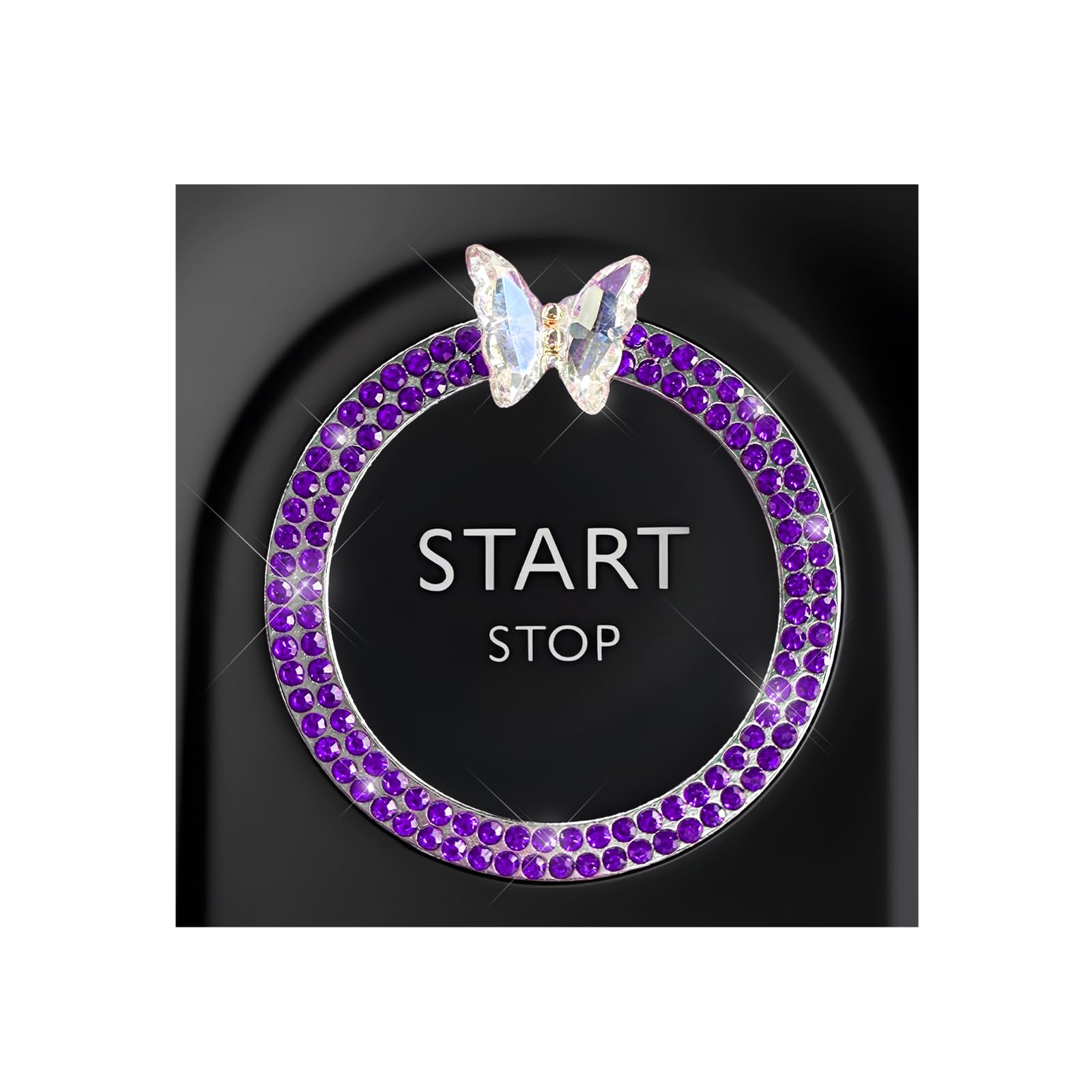 DXNQ Bling Ring Emblem, Sparkling Butterfly Car Buttons and Knobs Ring, Girly Butterfly Diamond Car Engine Start Button Cover, Key Ignition Knob Rings Decoration for Women (Purple, Double Row)