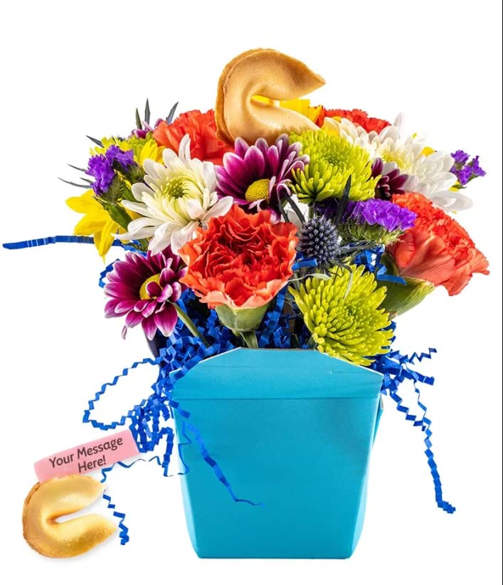 Baby Boy Blue Fresh Cut Live Flowers Arranged in a Takeout Container with Your Personal Message Tucked Inside a Fortune Cookie