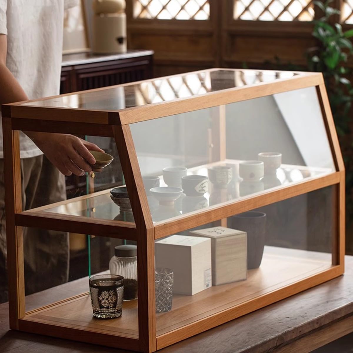 Vitrina Trapezoidal de Madera de 2 Niveles para Pasteles y Galletas, Ideal para panaderías. Exhibidor Comercial de mostrador para Tartas. Vitrina de Cristal Transparente. Caja para Pan. Armario de al