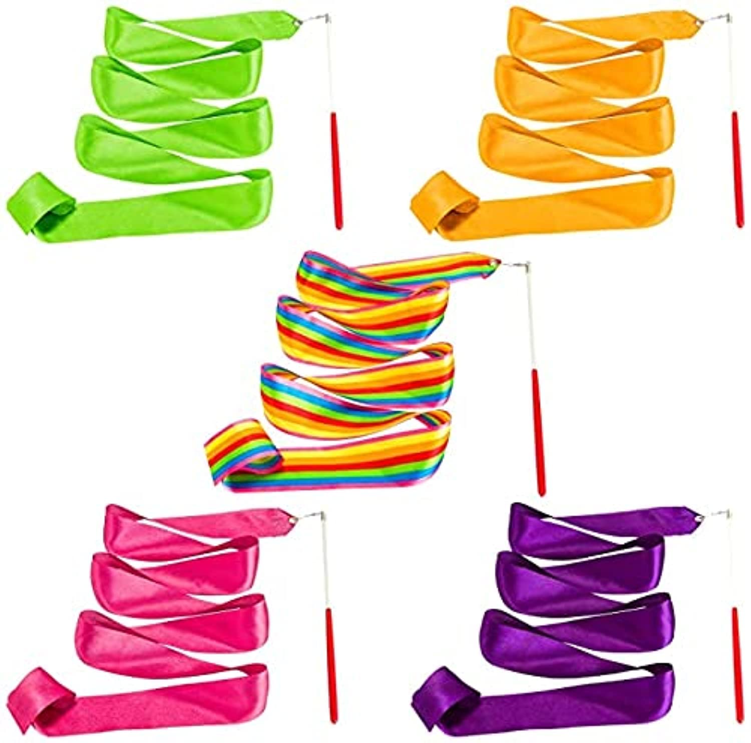 5 Pack Dance Ribbons, Multicolor Artistic Streamers, Rainbow Rhythmic Gymnastics Ribbon Baton, for Gym, Training, Circus, 2M,Unisex, Kids (Rainbow, Rose Red, Orange, Purple, Green)
