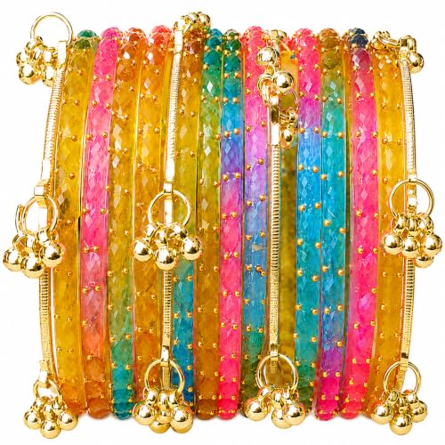 Image of JPS 16 Pcs Trendy Stylish Glass & Kashmiri Ghungroo Bangles Set for Women & Girls | Gold-Plated Traditional Festive Wedding Party Jewellery Chudi Set (12 Glass + 4 Metal)