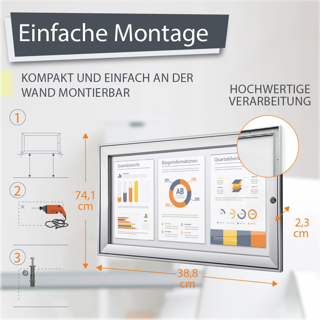 Schaukasten außen 3x DIN A4 | wetterfest | abschließbarer Infokasten mit SAN-Scheibe | beschreibbare magnetische Rückwand | ideal für Außenbereich & Outdoor Wand-Montage