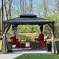 Domi Hardtop Gazebo 10x12FT, Outdoor Gazebo with Galvanized Steel Double Roof, Aluminum Frame, Built-in Gutter System, Curtain and Netting, Metal Gazebo Pavilion for Patio Deck Garden, Brown
