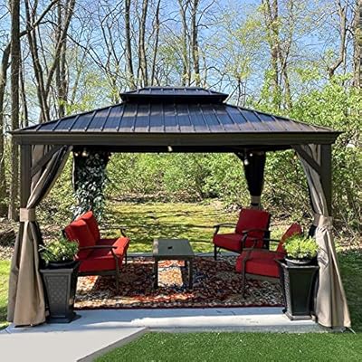 Domi Hardtop Gazebo 10x12FT, Outdoor Gazebo with Galvanized Steel Double Roof, Aluminum Frame, Built-in Gutter System, Curtain and Netting, Metal Gazebo Pavilion for Patio Deck Garden, Brown