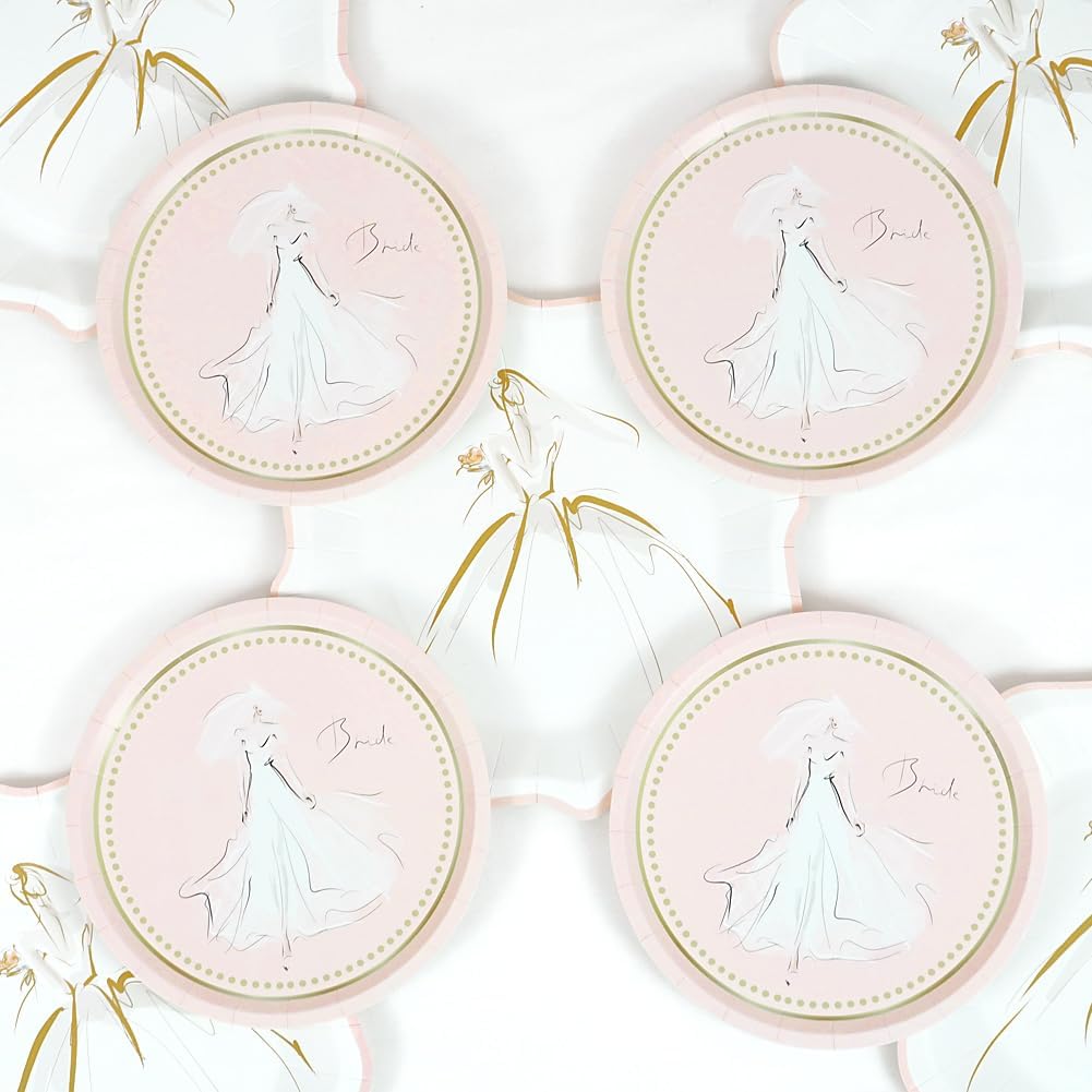 40 Pcs Bride Stick Figure Paper Plates for Bridal Shower, 9" & 7" Disposable Wedding Tableware, Round and Scalloped Edge, White and Pink Paper Plates for Bachelorette, Bride to be, Engagement Party