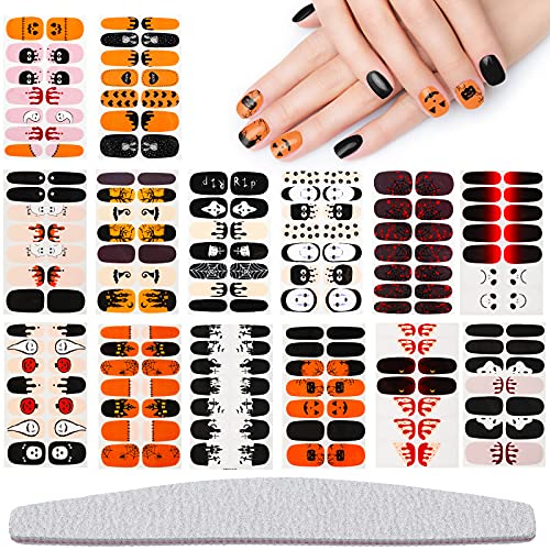 14 Sheets Halloween Full Nail Art Stickers Nail Wraps Decals Halloween Nail Polish Strip Self-Adhesive Nail Art Polish Decals with Nail File Manicure File for Halloween Christmas Women Girls Nail Art