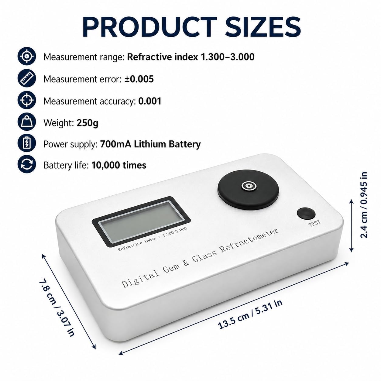 Refractómetro digital de piedras preciosas 1.300-3.000 RI con bloques de calibración | Diseño sin aceite, pantalla LCD retroiluminada, batería de 700 mAh, carga tipo C y apagado automático de 1 minuto.