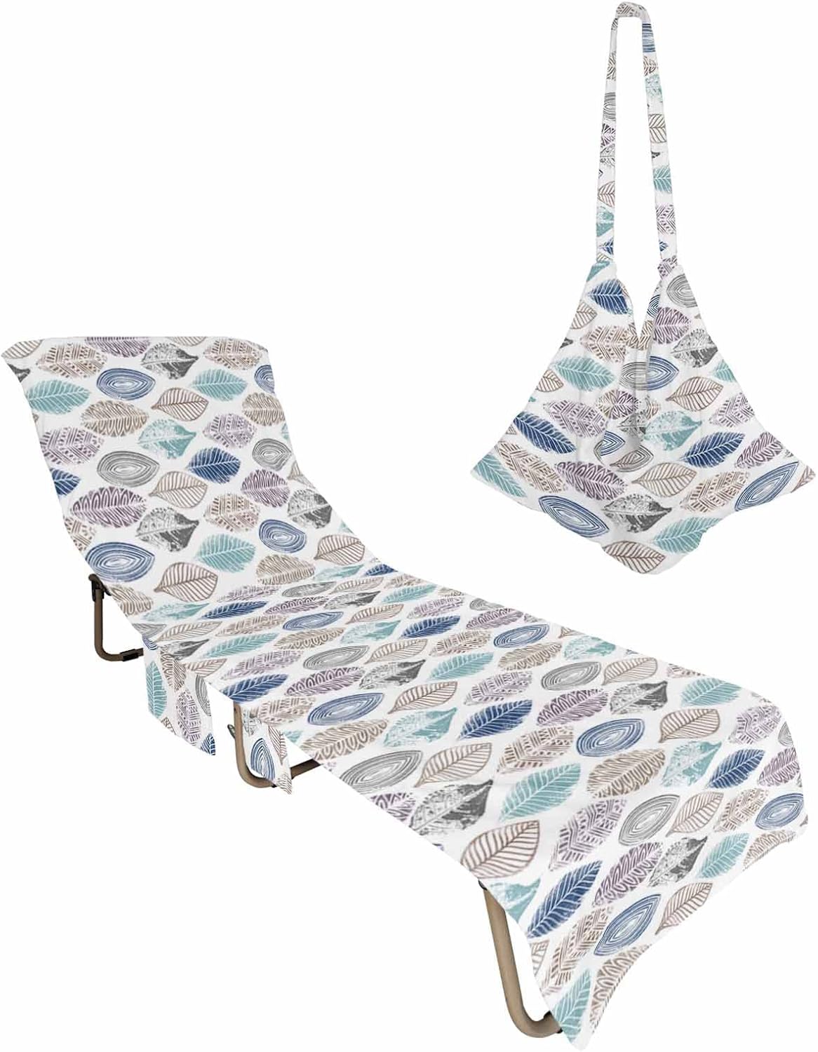 Colored Leaves Beach Pool Patio Lounge Chaise Chair Cover Towel With Pockets,Absorbent & Quick Dry Microfiber Towel Cover Bag Summer Travel Accessories for Sunbathing Retro Blue Teal Purple Khaki Leaf