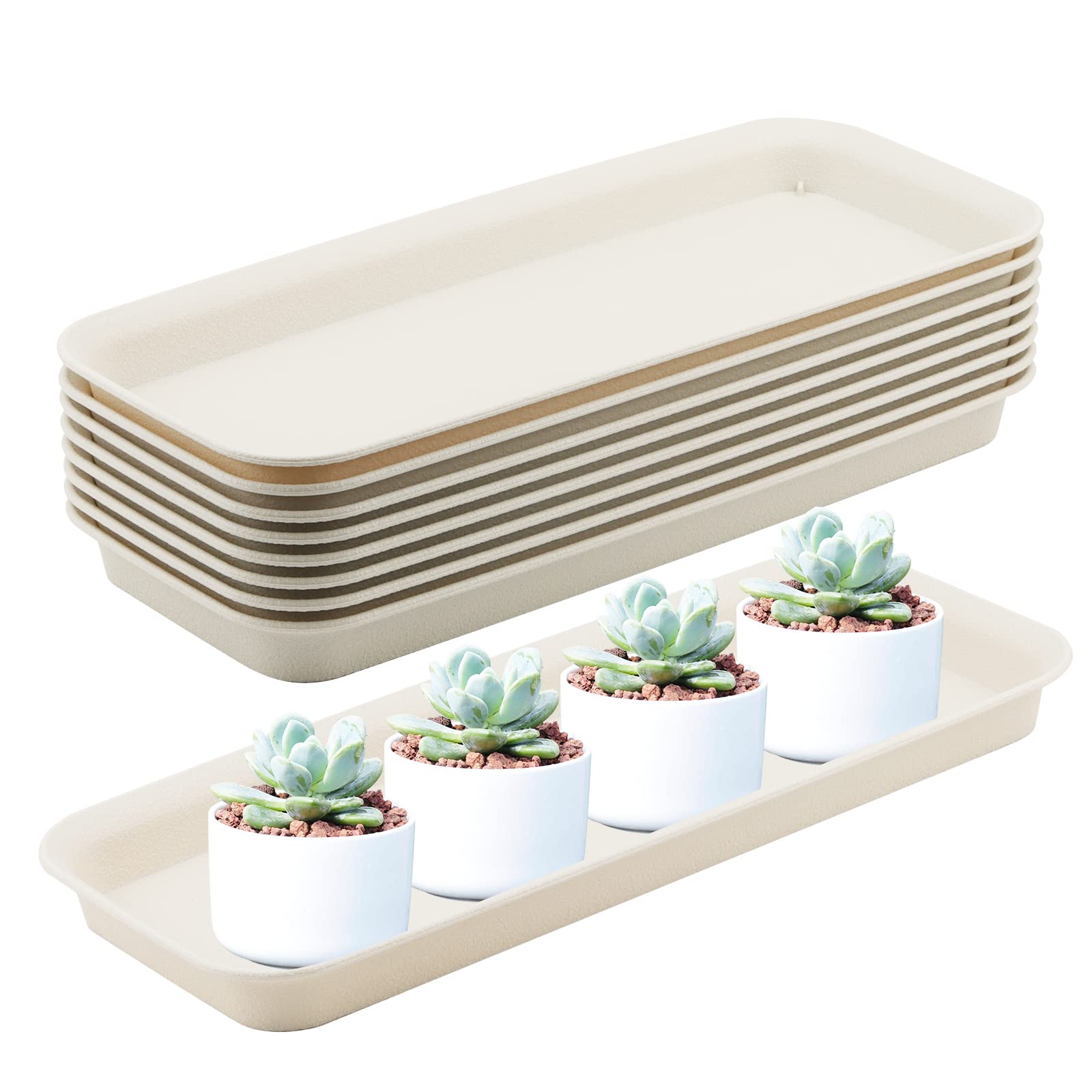 MUKCHAP 8 PCS Rectangular Plant Saucers, 39.5 x 17 x 3cm Beige Flower Box Saucer, Plastic Window Box Tray Flower Pot Drip Trays for Indoor and Outdoor