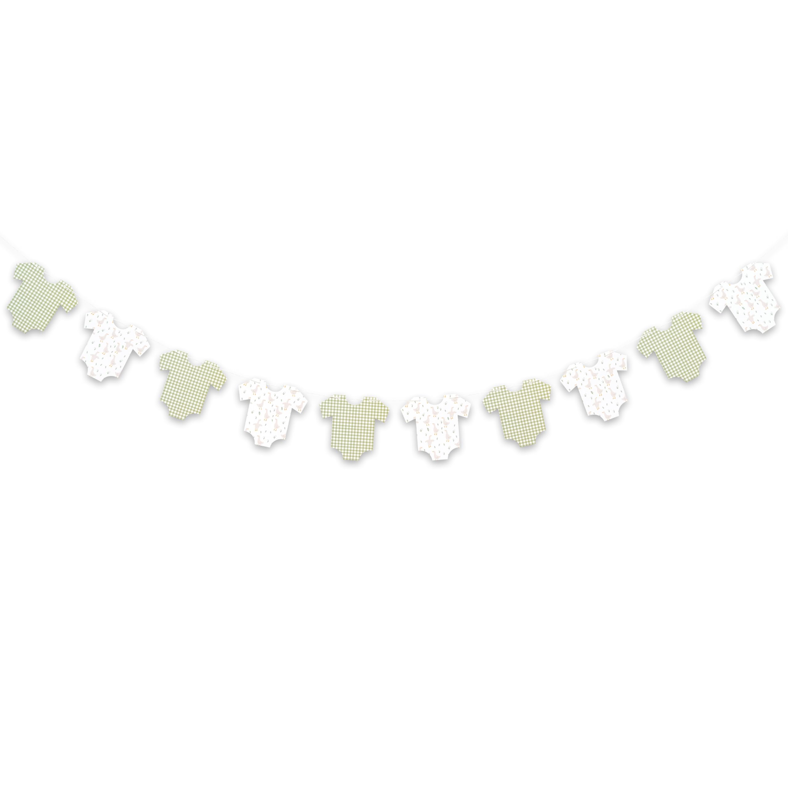 Green Gingham Goose Baby Clothes Banner - Baby Shower Decoration, Bodysuits Clothesline Birthday Party Banner, Gender Reveal Party Supplies (Green)